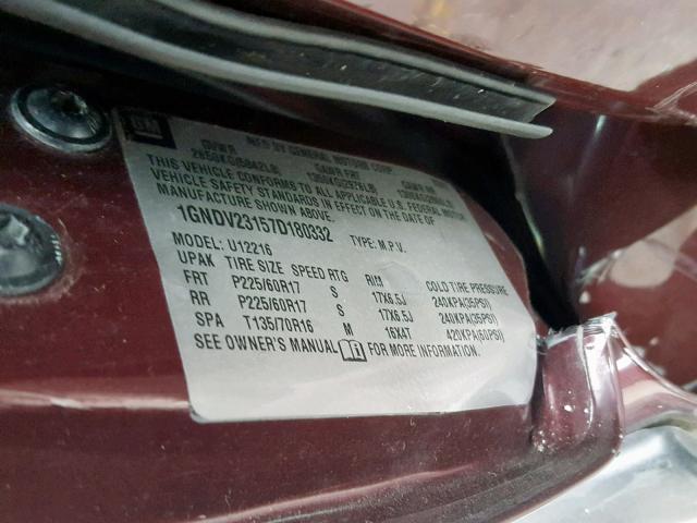 1GNDV23157D180332 - 2007 CHEVROLET UPLANDER L 栗色 照片 10