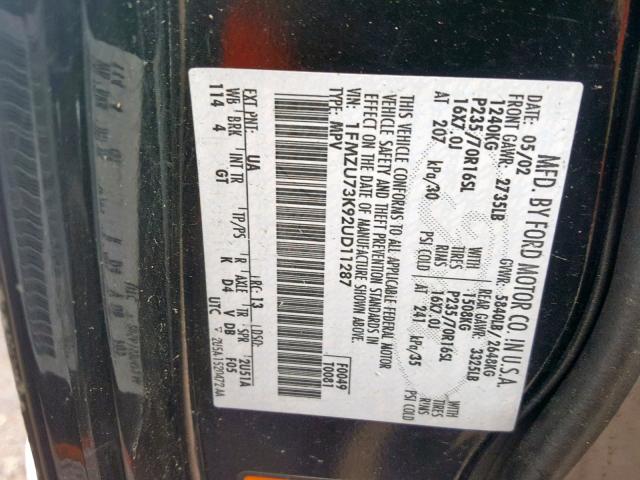 1FMZU73K92UD11287 - 2002 FORD EXPLORER X BLACK photo 10