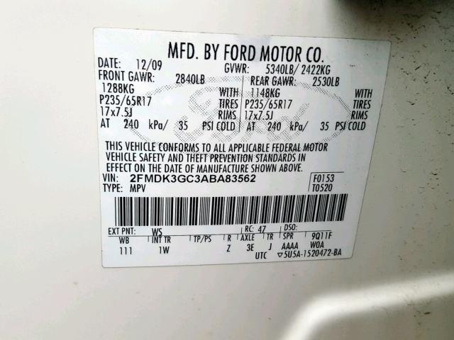 2FMDK3GC3ABA83562 - 2010 FORD EDGE SE WHITE photo 10