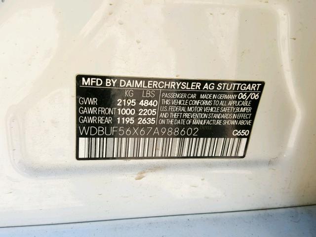 WDBUF56X67A988602 - 2007 MERCEDES-BENZ E 350 WHITE photo 10