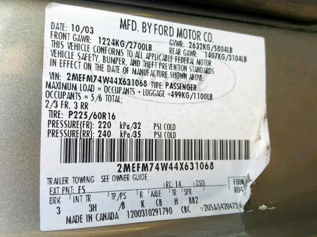 2MEFM74W44X631068 - 2004 MERCURY GRAND MARQ GRAY photo 10