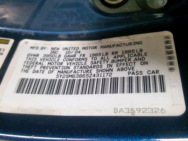 5Y2SM63865Z431172 - 2005 PONTIAC VIBE BLUE photo 10