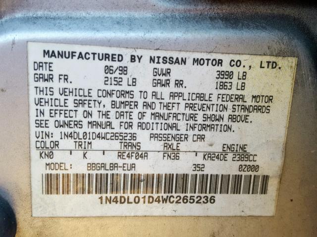 1N4DL01D4WC265236 - 1998 NISSAN ALTIMA XE SILVER photo 10