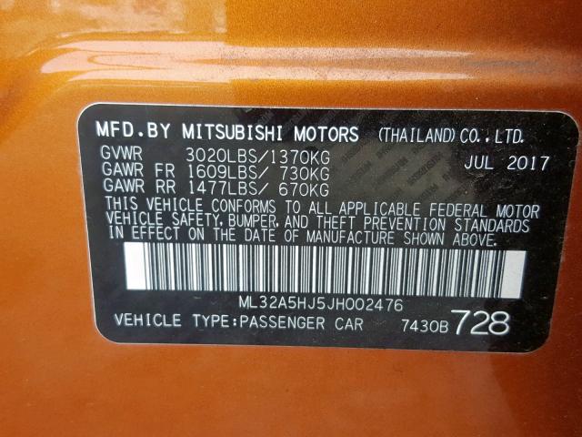 ML32A5HJ5JH002476 - 2018 MITSUBISHI MIRAGE GT ORANGE photo 10