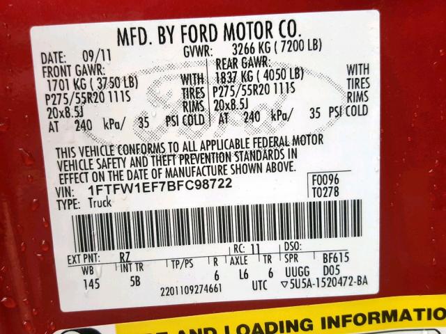 1FTFW1EF7BFC98722 - 2011 FORD E150 SUPER RED photo 10