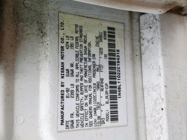 1N4BL11D22C194318 - 2002 NISSAN ALTIMA SE WHITE photo 10