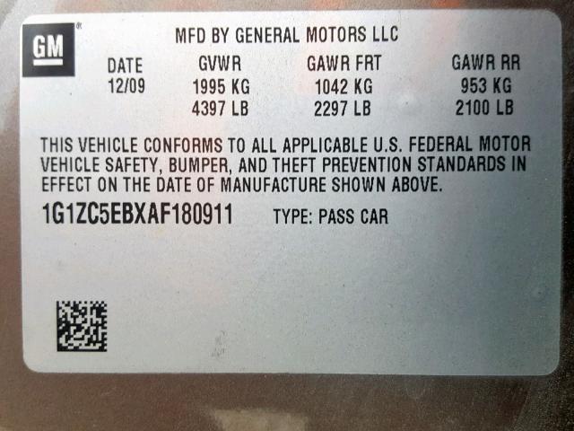 1G1ZC5EBXAF180911 - 2010 CHEVROLET MALIBU 1LT 棕色 照片 10