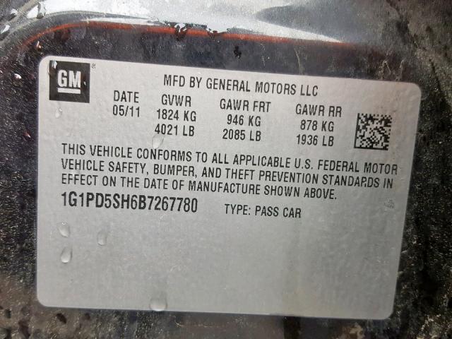 1G1PD5SH6B7267780 - 2011 CHEVROLET CRUZE LS BLACK photo 10