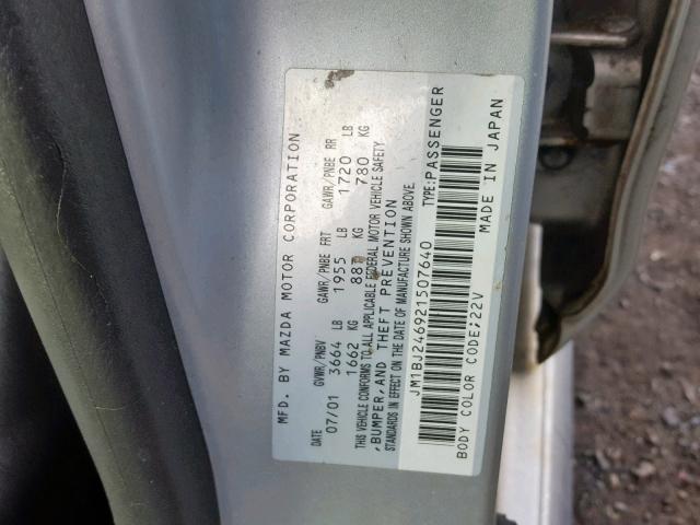 JM1BJ246921507640 - 2002 MAZDA PROTEGE PR GRAY photo 10