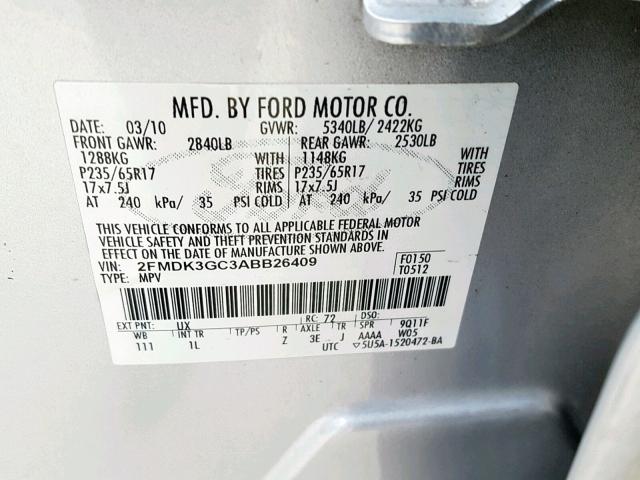 2FMDK3GC3ABB26409 - 2010 FORD EDGE SE SILVER photo 10