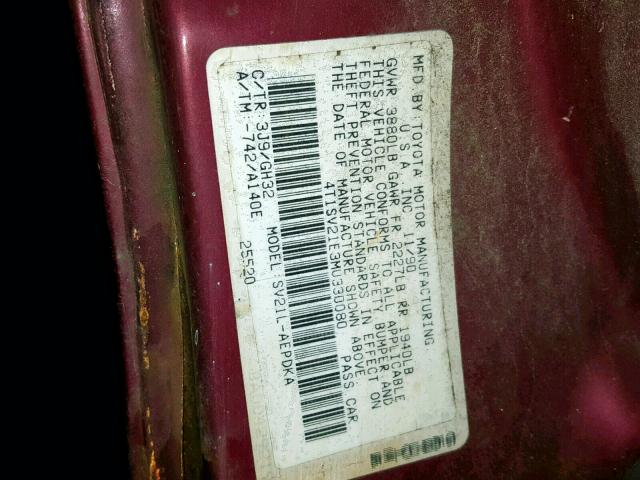 4T1SV21E3MU330080 - 1991 TOYOTA CAMRY DLX RED photo 10