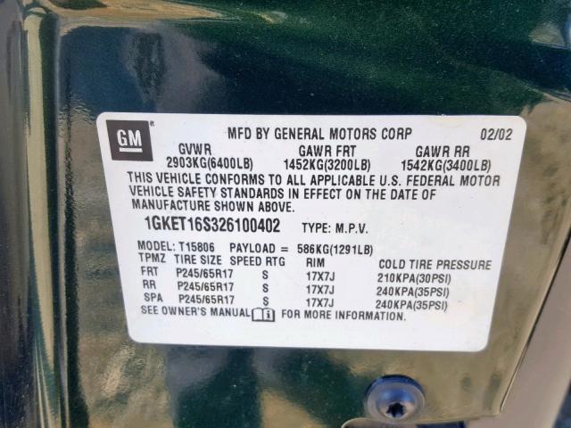 1GKET16S326100402 - 2002 GMC ENVOY XL GREEN photo 10