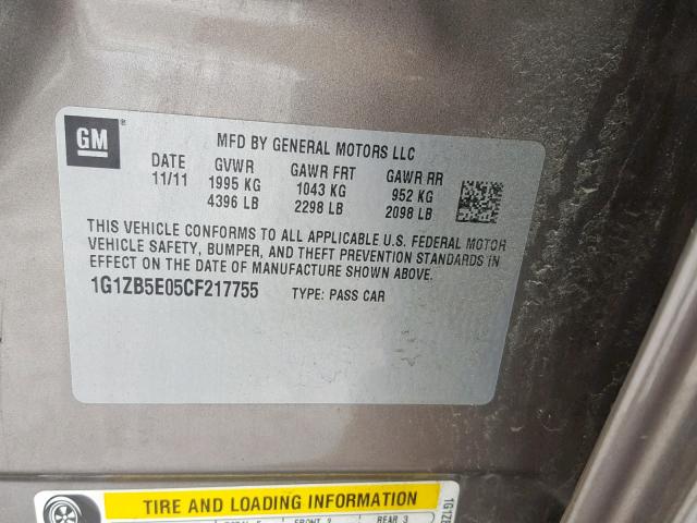 1G1ZB5E05CF217755 - 2012 CHEVROLET MALIBU LS GRAY photo 10