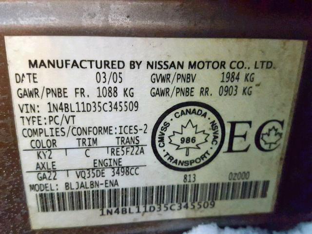 1N4BL11D35C345509 - 2005 NISSAN ALTIMA SE SILVER photo 10