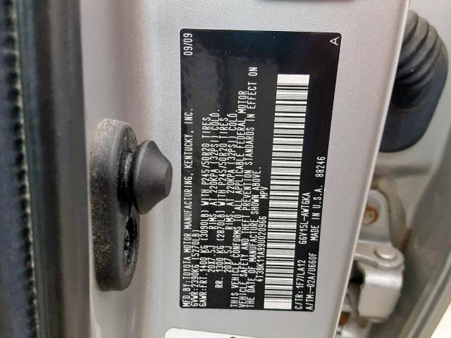 4T3BK11A99U020966 - 2009 TOYOTA VENZA SILVER photo 10