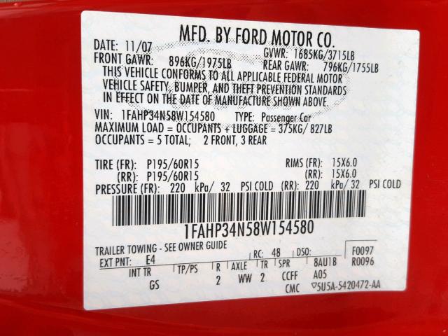 1FAHP34N58W154580 - 2008 FORD FOCUS S/SE RED photo 10