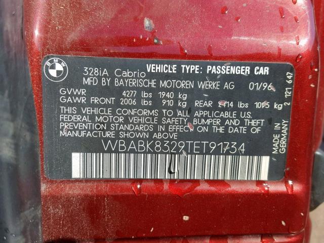 WBABK8329TET91734 - 1996 BMW 328 IC AUT RED photo 10