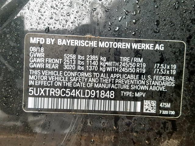 5UXTR9C54KLD91848 - 2019 BMW X3 XDRIVE3 BLACK photo 10