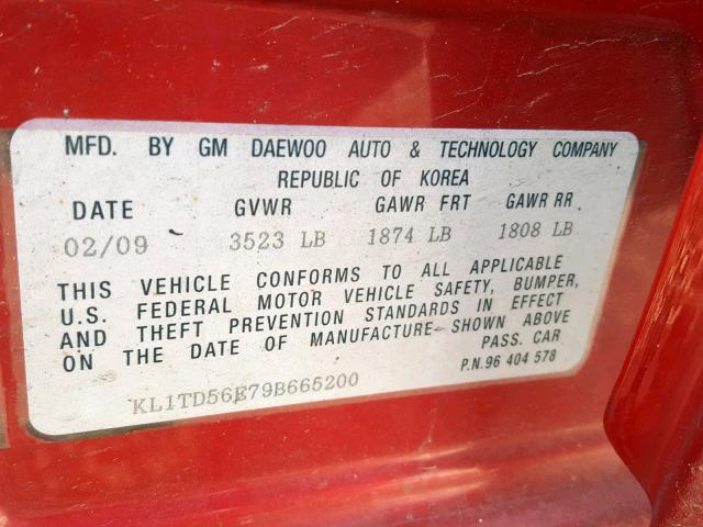 KL1TD56E79B665200 - 2009 CHEVROLET AVEO LS RED photo 10