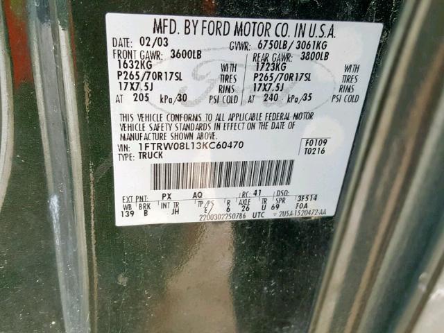 1FTRW08L13KC60470 - 2003 FORD F150 SUPER GREEN photo 10