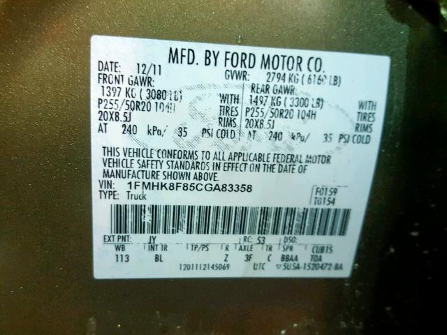 1FMHK8F85CGA83358 - 2012 FORD EXPLORER L GREEN photo 10