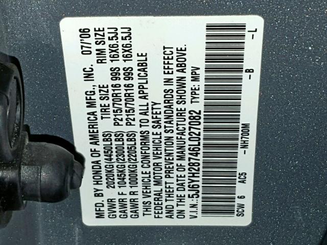 5J6YH28746L027082 - 2006 HONDA ELEMENT EX SILVER photo 10