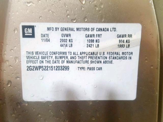 2G2WP522151203299 - 2005 PONTIAC GRAND PRIX 金色 照片 10