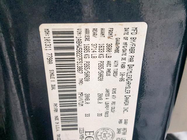 1A8HW58227F513867 - 2007 CHRYSLER ASPEN LIMI BLUE photo 10