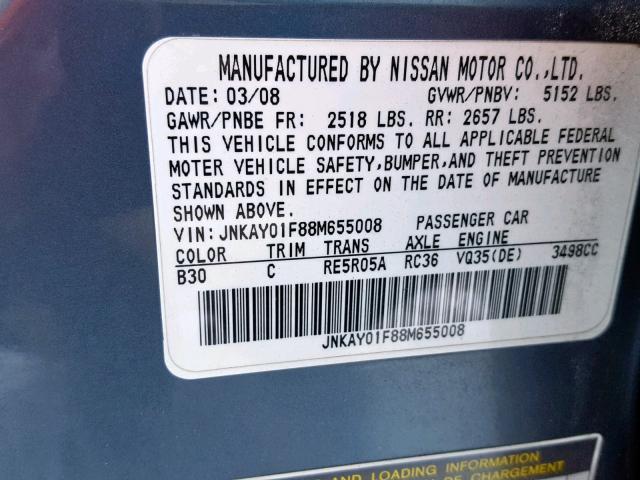 JNKAY01F88M655008 - 2008 INFINITI M35 BASE BLUE photo 10