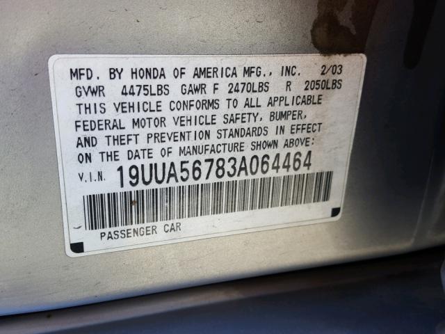 19UUA56783A064464 - 2003 ACURA 3.2TL SILVER photo 10