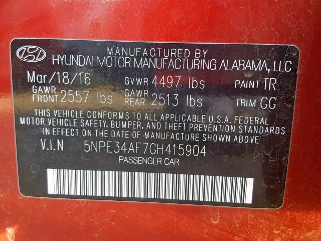 5NPE34AF7GH415904 - 2016 HYUNDAI SONATA SPO RED photo 10