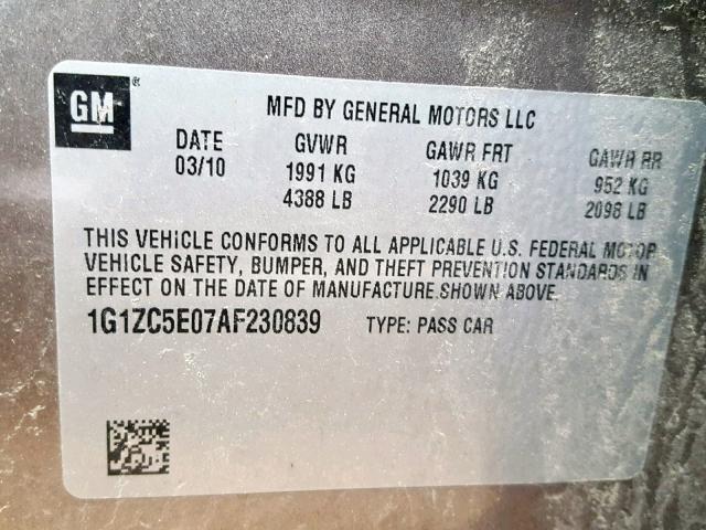 1G1ZC5E07AF230839 - 2010 CHEVROLET MALIBU 1LT GOLD photo 10