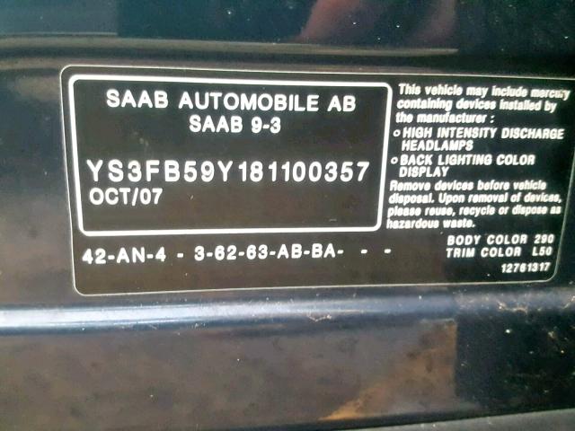 YS3FB59Y181100357 - 2008 SAAB 9-3 2.0T BLUE photo 10