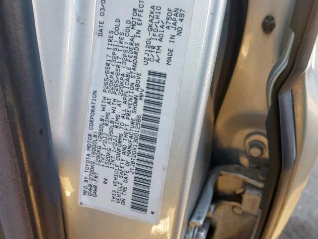 JTJBT20X130012586 - 2003 LEXUS GX 470 SILVER photo 10