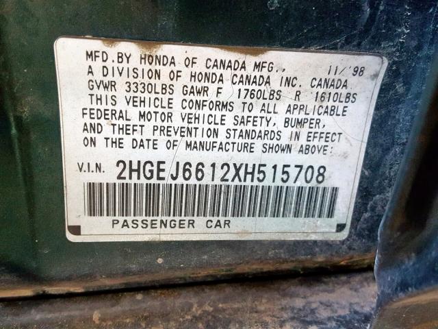 2HGEJ6612XH515708 - 1999 HONDA CIVIC BASE Yaşıl foto 10