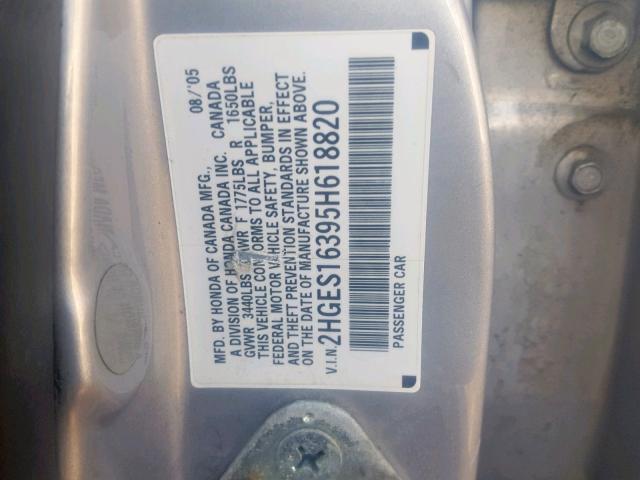 2HGES16395H618820 - 2005 HONDA CIVIC DX V SILVER photo 10