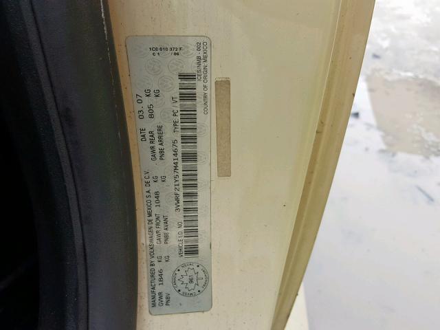 3VWRF21Y57M414675 - 2007 VOLKSWAGEN NEW BEETLE Кремовый фото 10