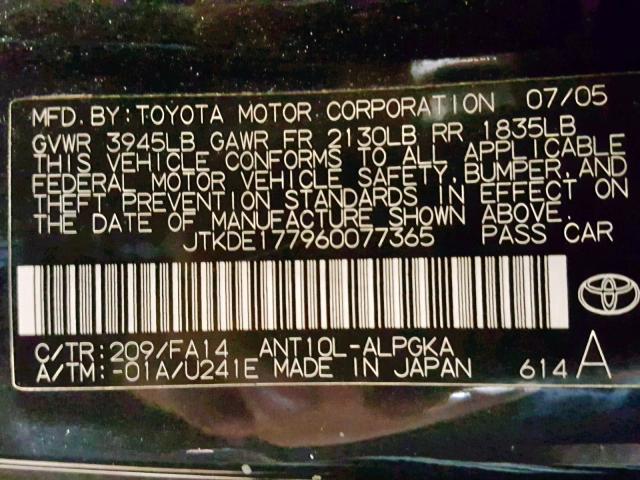 JTKDE177960077365 - 2006 TOYOTA SCION TC შავი ფოტო 10