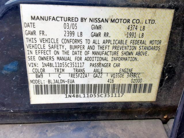 1N4BL11D55C351117 - 2005 NISSAN ALTIMA SE BLUE photo 10