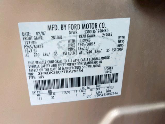 2FMDK38C77BA79554 - 2007 FORD EDGE SEL GOLD photo 10