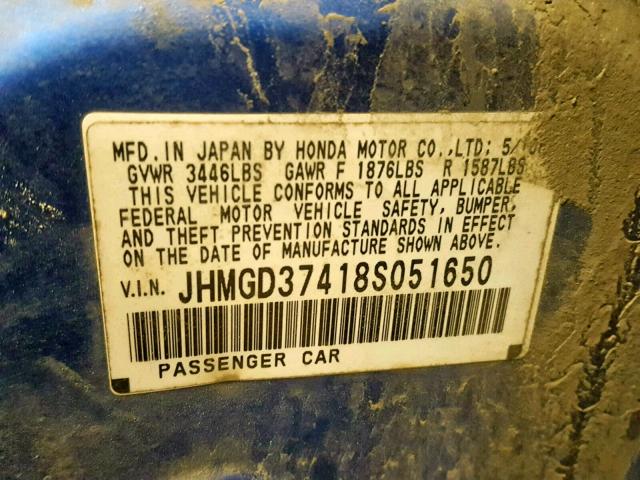 JHMGD37418S051650 - 2008 HONDA FIT BLUE photo 10