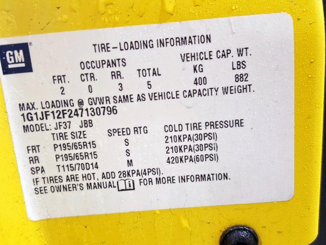 1G1JF12F247130796 - 2004 CHEVROLET CAVALIER L YELLOW photo 10