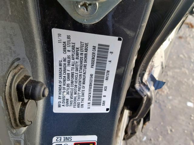 2HGFA1F6XBH531540 - 2011 HONDA CIVIC LX-S ნაცრისფერი ფოტო 10