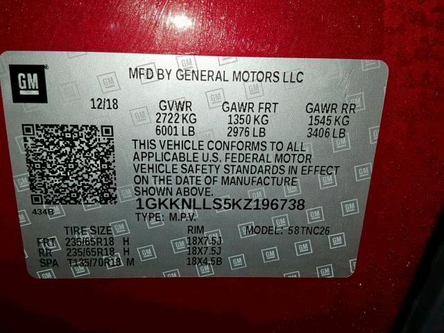 1GKKNLLS5KZ196738 - 2019 GMC ACADIA SLE RED photo 10