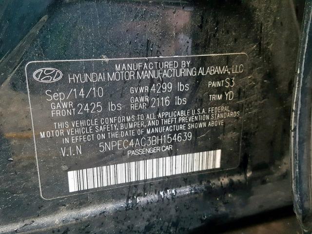 5NPEC4AC3BH154639 - 2011 HYUNDAI SONATA SE BLACK photo 10