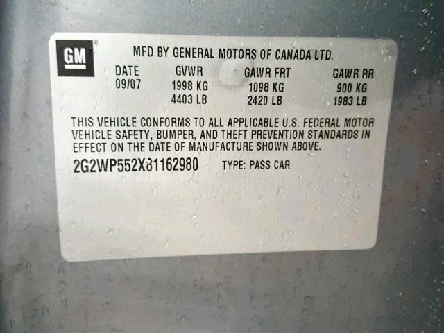 2G2WP552X81162980 - 2008 PONTIAC GRAND PRIX GRAY photo 10