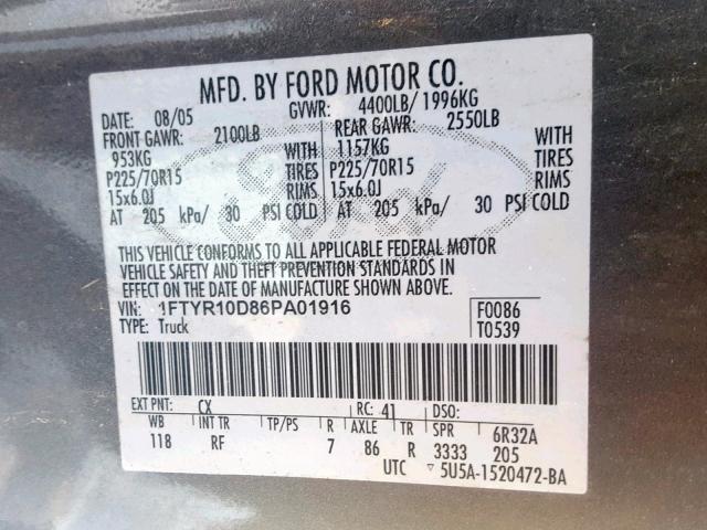 1FTYR10D86PA01916 - 2006 FORD RANGER GRAY photo 10