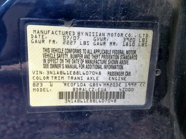 3N1AB61E88L607048 - 2008 NISSAN SENTRA 2.0 BLUE photo 10