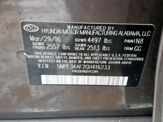 5NPE34AF2GH416233 - 2016 HYUNDAI SONATA SPO CHARCOAL photo 10