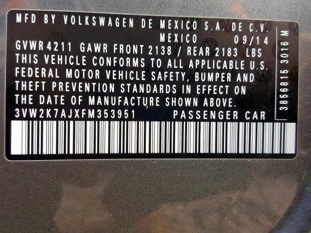 3VW2K7AJXFM353951 - 2015 VOLKSWAGEN JETTA BASE GRAY photo 10